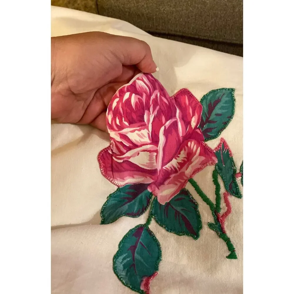 Vintage Square Table Linen with Rose Design Corner Pockets Kitschy Decor